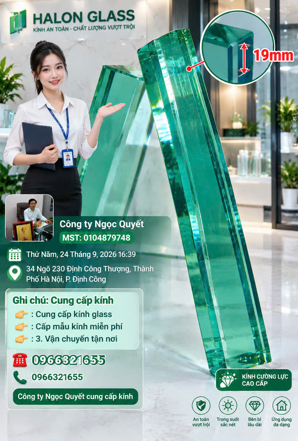 Kính cường lực màu xanh Halon Glass dày 19 mm trưng bày tại showroomաճառ